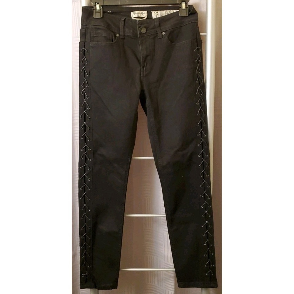 Indigo Rein Skinny Stretch Ankle Jeans Sz7 Mid Rise Black Denim 27x27 Side Laced